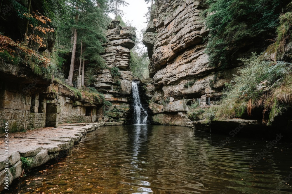 Poster waterfall cascading into serene pool surrounded by rocky cliffs and lush greenery in morning light