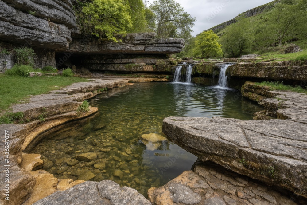 Poster waterfalls and clear pools surrounded by lush greenery in a tranquil natural setting during a cloudy