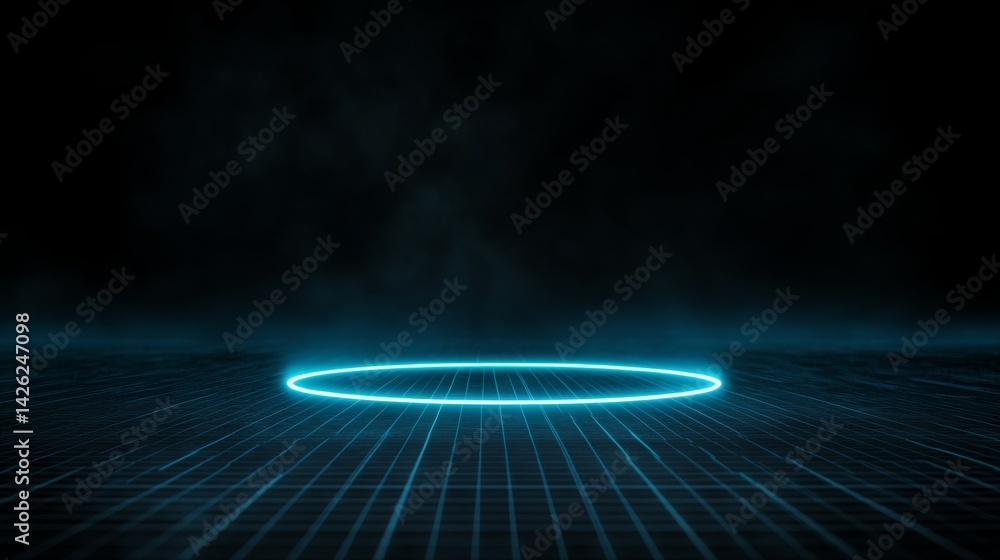 Poster Close-up of an abstract neon-blue radar ring pulsating with electric light waves, creating a dynamic display on a transparent digital grid backdrop
