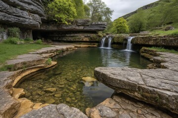 Fototapeta premium Waterfalls and clear pools surrounded by lush greenery in a tranquil natural setting during a cloudy day in the countryside