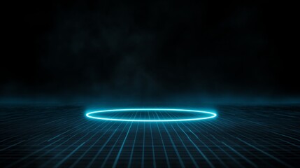 Close-up of an abstract neon-blue radar ring pulsating with electric light waves, creating a dynamic display on a transparent digital grid backdrop