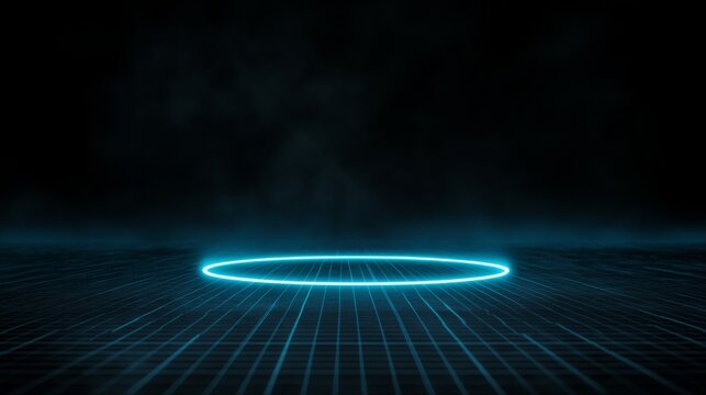 Close-up of an abstract neon-blue radar ring pulsating with electric light waves, creating a dynamic display on a transparent digital grid backdrop