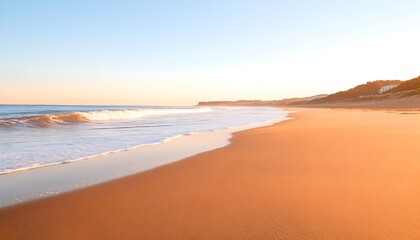Obraz premium Golden sunset over a tranquil beach with gentle waves lapping the shore