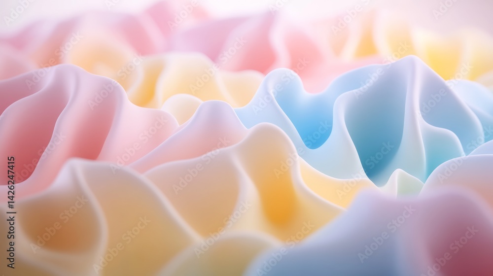 Poster Exploration of a fluid wave-like texture in pastel shades, featuring smooth contours highlighted by gradient lighting, perfect for design projects