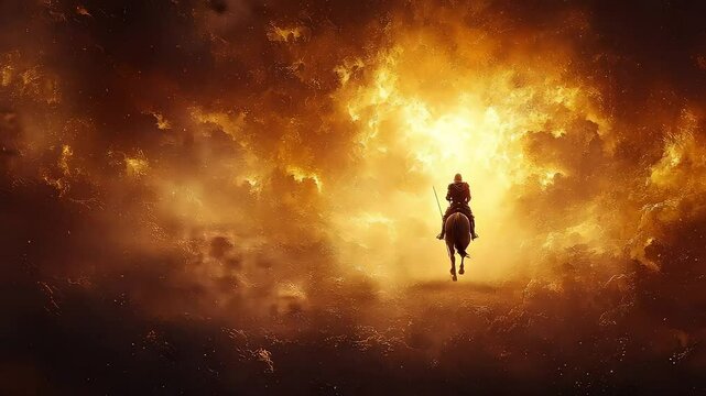 Knight's Celestial Journey Through Fiery Clouds