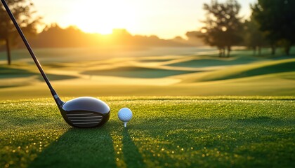 Close-up of a golf club and ball on a lush green course with sand traps visible in the background under bright sunlight. Ready for a perfect swing