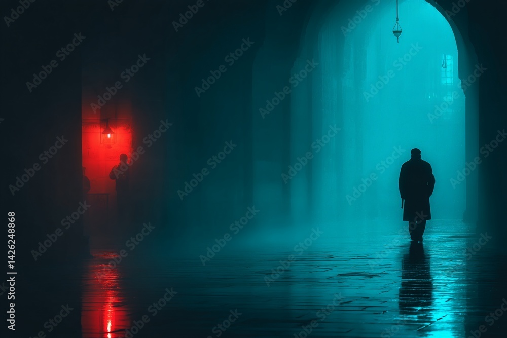 Poster silhouette of a figure walking through a misty corridor illuminated by red and blue lights at night 