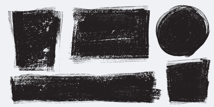 Set of grunge hand painted black blocks of paint texture. Sponge thin artist brush background. Mix abstract vector background. Isolated on white background