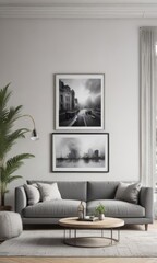 Stylish living room, grey sofa, framed prints, white wall ,  white wall,  minimalist,  room