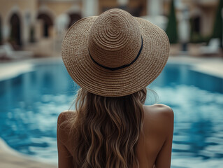 Woman in straw hat by pool at luxury resort. The concept captures tranquility, vacation mood, and peaceful summer escape