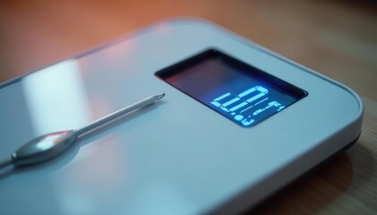 Close-up of a digital scale showing zero weight , slim, intermittent fasting