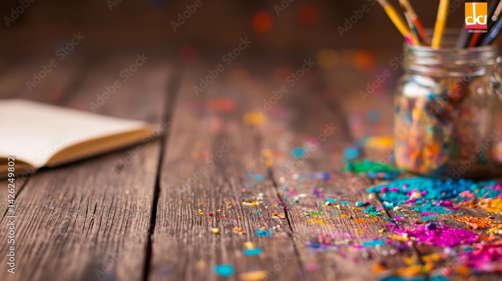 Poster a richly detailed workspace reveals an open sketchbook along with paintbrushes in a jar amidst color