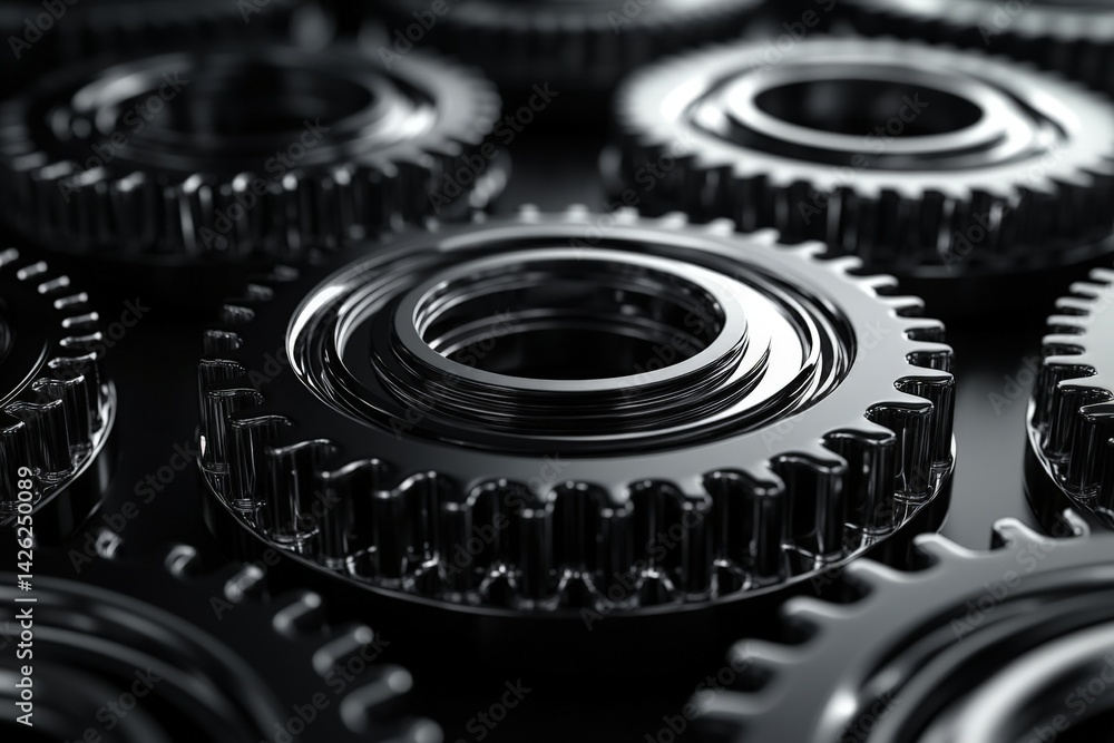Leinwandbilder close-up view of black metallic gears arranged in a pattern on a dark surface highlighting intricate