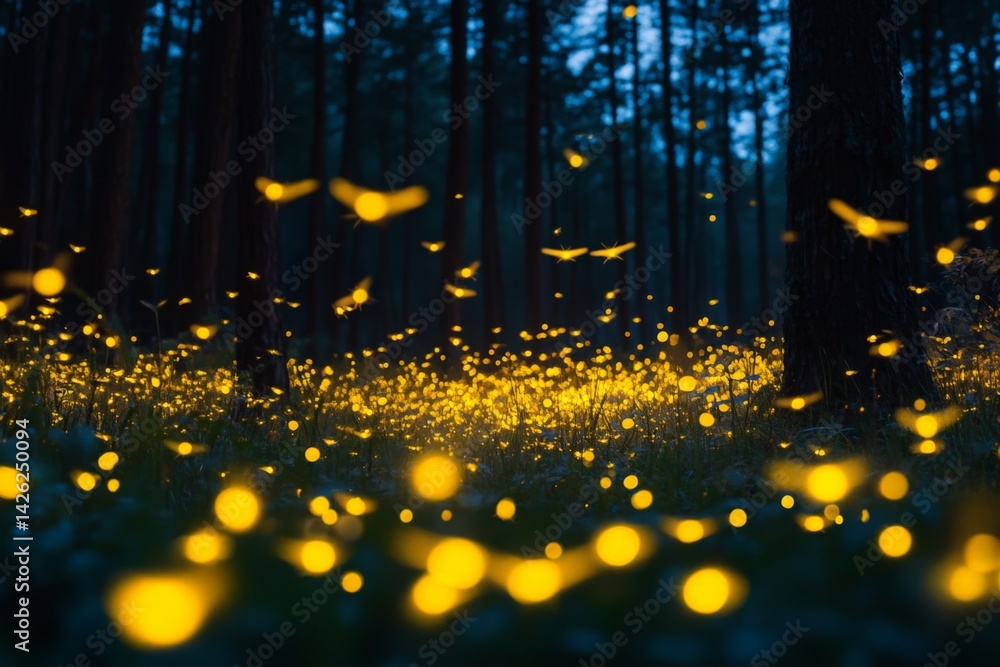 Poster Captivating display of fireflies illuminating a serene forest at twilight
