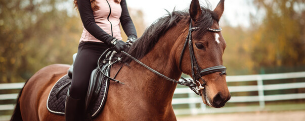 Fototapeta premium rider in equestrian attire sits confidently on brown horse, showcasing serene connection in natural setting