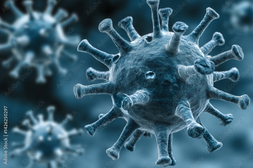 Poster Detailed view of virus particles in a microscopic environment showcasing their structure and features