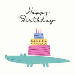 Happy Birthday creative greeting card with green crocodile and birthday cake. Hand drawn birthday card or poster concept.