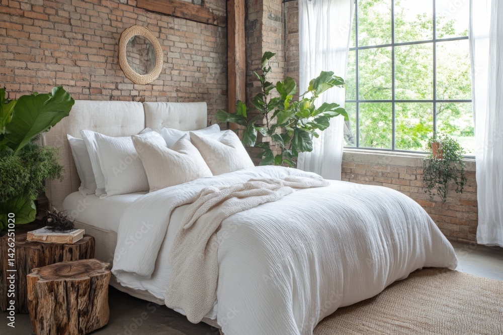 Aufkleber cozy modern bedroom design featuring a comfortable bed with natural light and greenery in a rustic s