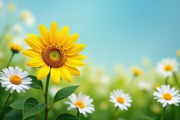Fototapeta premium One bright yellow sunflower among white daisies, flower, vibrant, noticeable