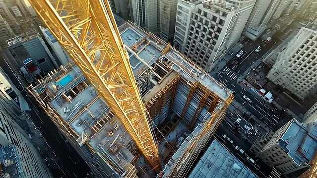 Construction crane towering over city skyscraper under development
