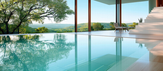 Modern minimalist living space with indoor pool and panoramic forest view through large glass windows in daylight