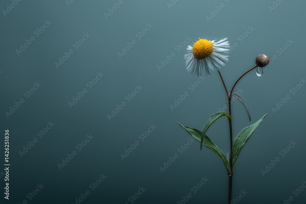 Poster Close-up of a daisy flower with dew drop captured in soft light on a textured background