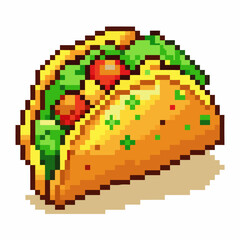 Fototapeta premium Colorful Pixel Art Taco with Lettuce, Tomatoes, and Cheese Vibrant Retro Food Illustration