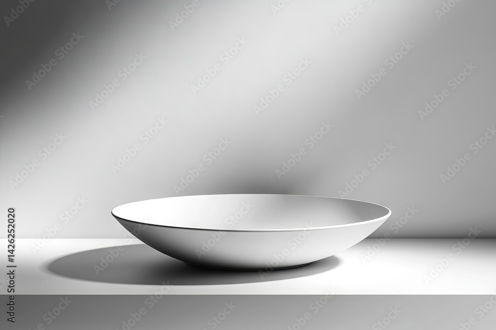Poster modern minimalist ceramic bowl showcased on a clean shelf with dramatic shadow play in a well-lit se
