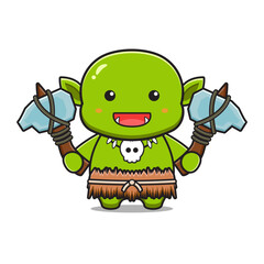 Cute goblin warrior holding stone axe cartoon icon illustration