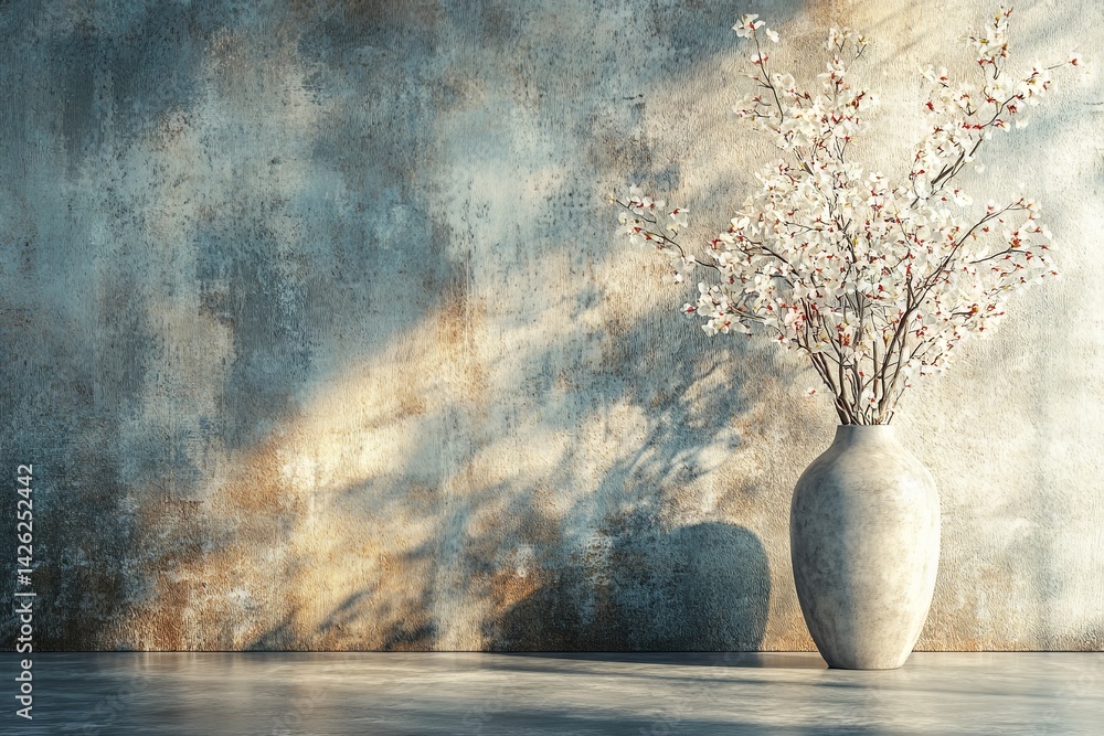 Poster vase with blooming branches against a textured wall, illuminated by soft light during the day