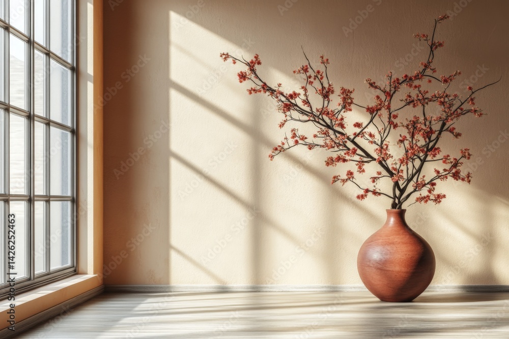 Aufkleber sunlight filters through windows illuminating a minimalist room with a vase and floral branch decora