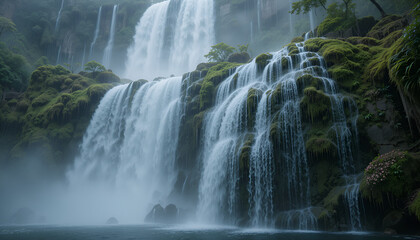 Mystic Falls: Iridescent Waters Over Mossy Cliffs