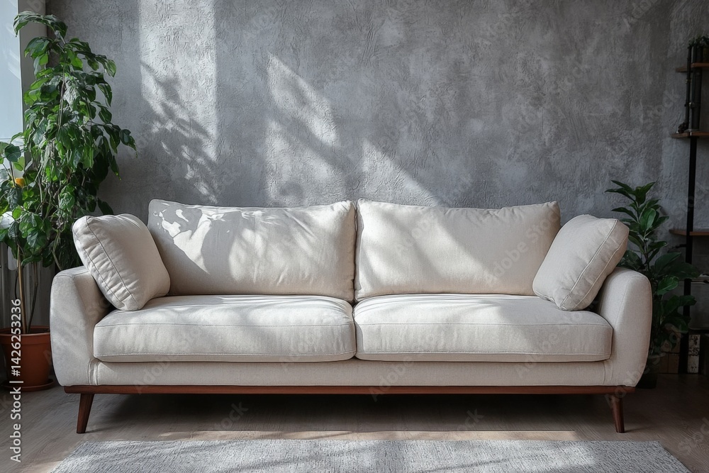 Aufkleber modern minimalist cream sofa positioned against a textured wall with natural light streaming in from