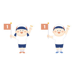 1位の旗を持った笑顔の子供のイラスト