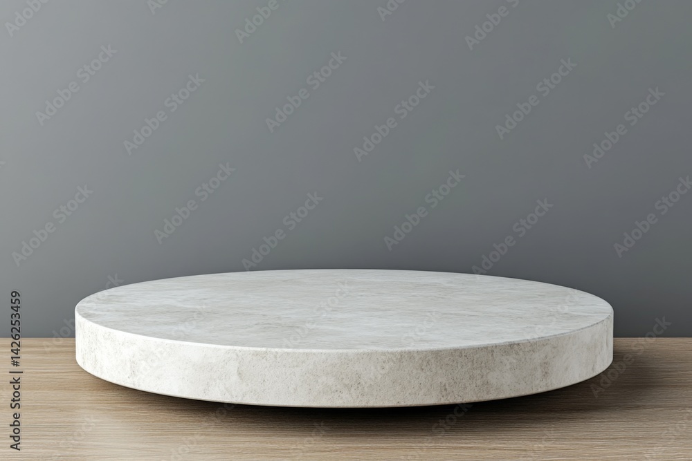 Poster minimalist round concrete display platform on wooden table against gray wall for showcasing products