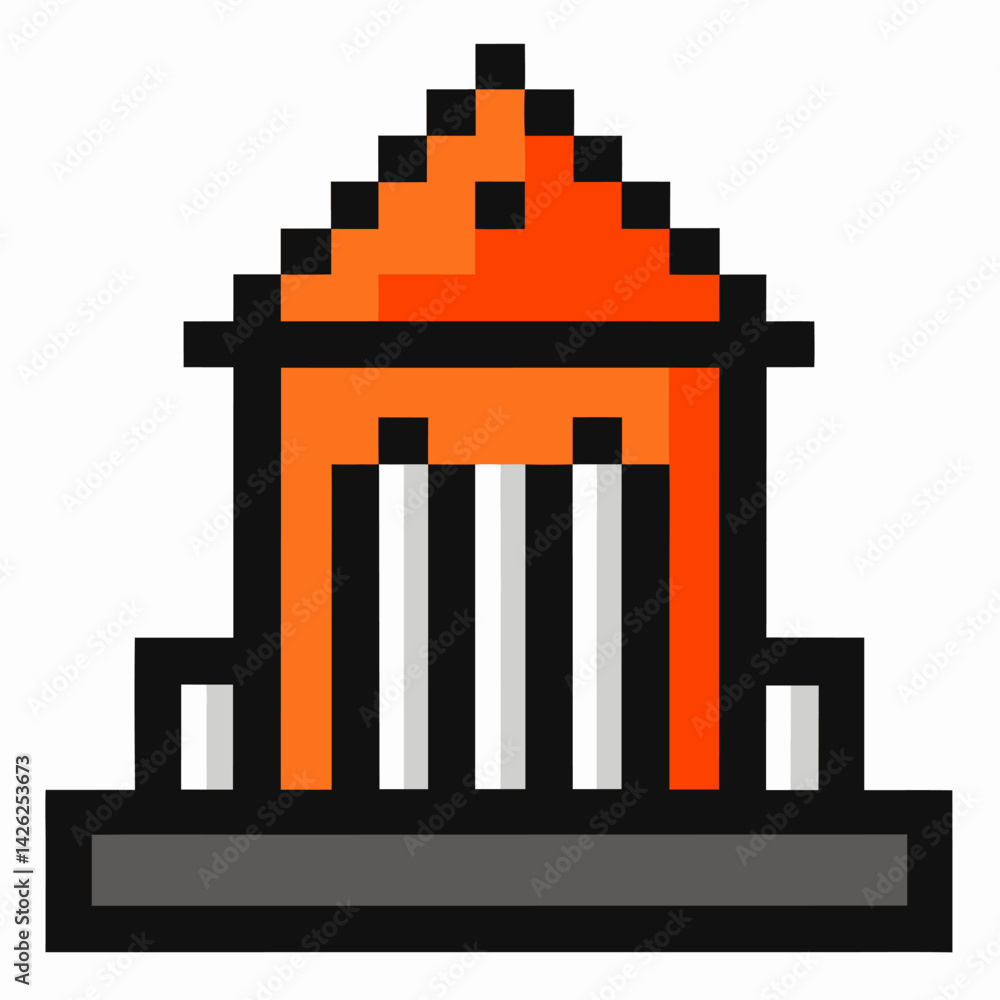 Poster pixel art orange building with columns and stairs in retro style