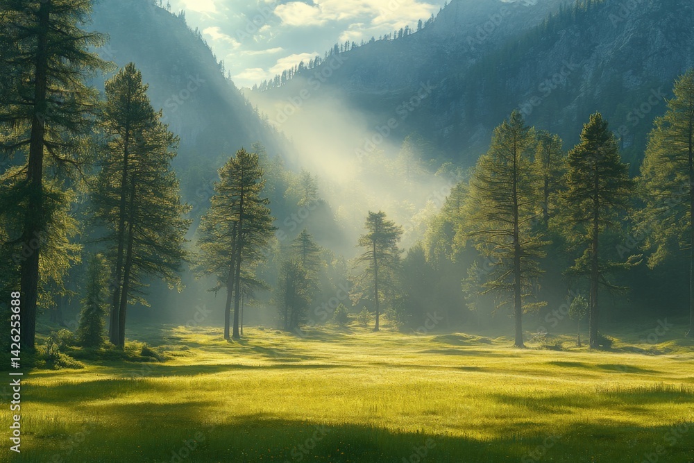 Poster sunlight filters through trees in a serene valley surrounded by mountains during early morning hours
