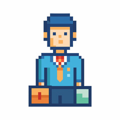 Retro Pixel Art Businessman in Suit Holding Briefcases