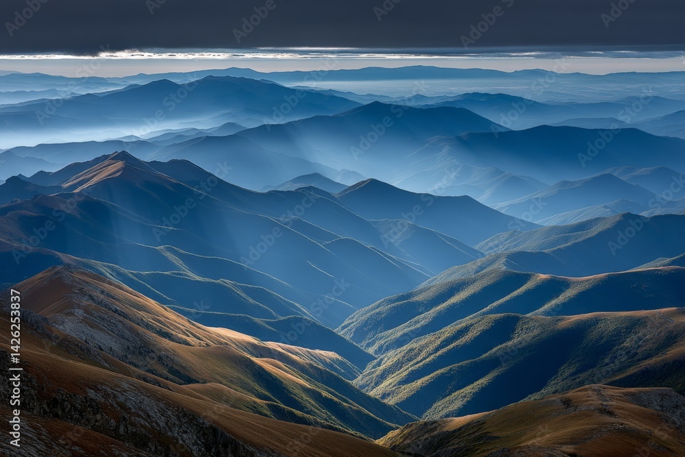 Poster majestic mountain range at dusk showcasing layers of peaks in soft light and shadow effects