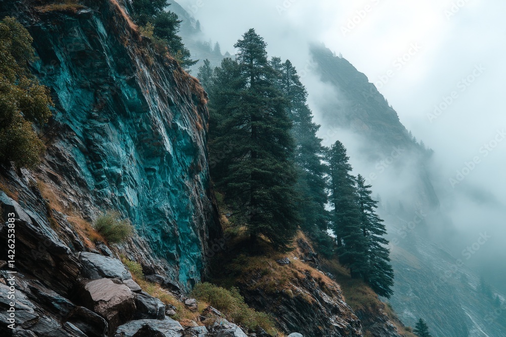Poster Mountains cloaked in mist with evergreen trees and rugged cliffs during a cloudy day