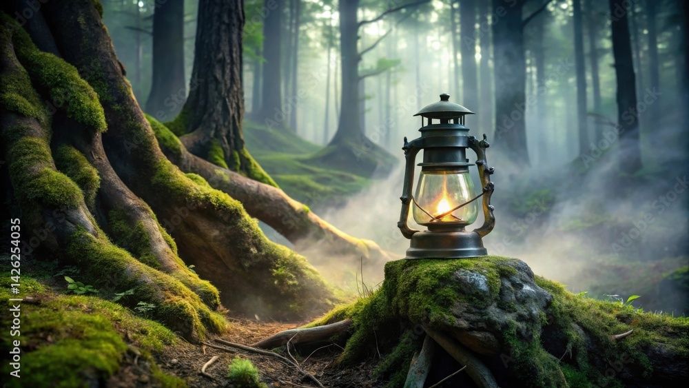 Poster a glowing lantern rests on a moss-covered rock amidst a mystical fog-laden forest path