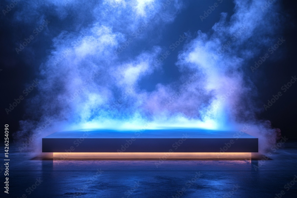 Leinwandbilder mysterious illuminated platform surrounded by fog in a dimly lit space