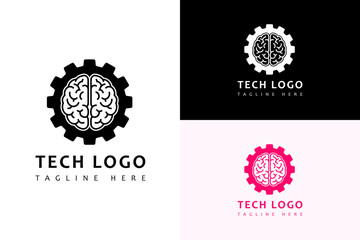 illustration of colored gear and brain inside, abstract, vector logo for information technology, internet of things, cloud computing, data center, artificial intelligence, tech, database, and more