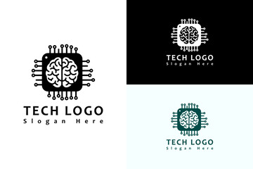 illustration of colored microchip with brain, icon, vector logo for processor, data center, data science, machine learning, information technology, internet of things, and more