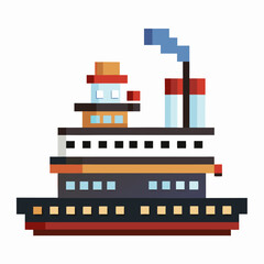 Pixel Art Style Cruise Ship Illustration with Geometric Shapes and Colorful Design