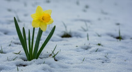 Naklejka premium Daffodil in Winter Snow - A single yellow daffodil bravely blooms amidst a blanket of fresh snow, signifying resilience and the arrival of spring