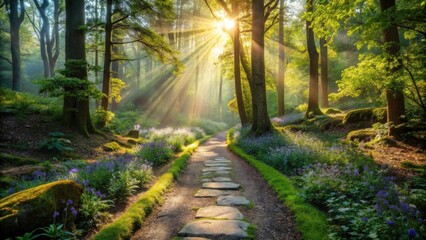 Fototapeta premium Sunlit Path Through a Mystical Forest with Blooming Flowers