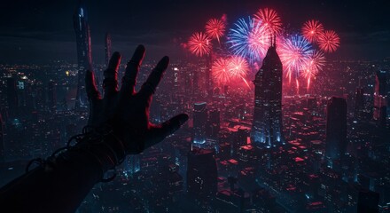 Dark Hand Reaching for Fireworks Over City - A dark hand, chained, reaches towards vibrant red and blue fireworks exploding over a futuristic cityscape at night. Symbolizing hope, freedom, oppression