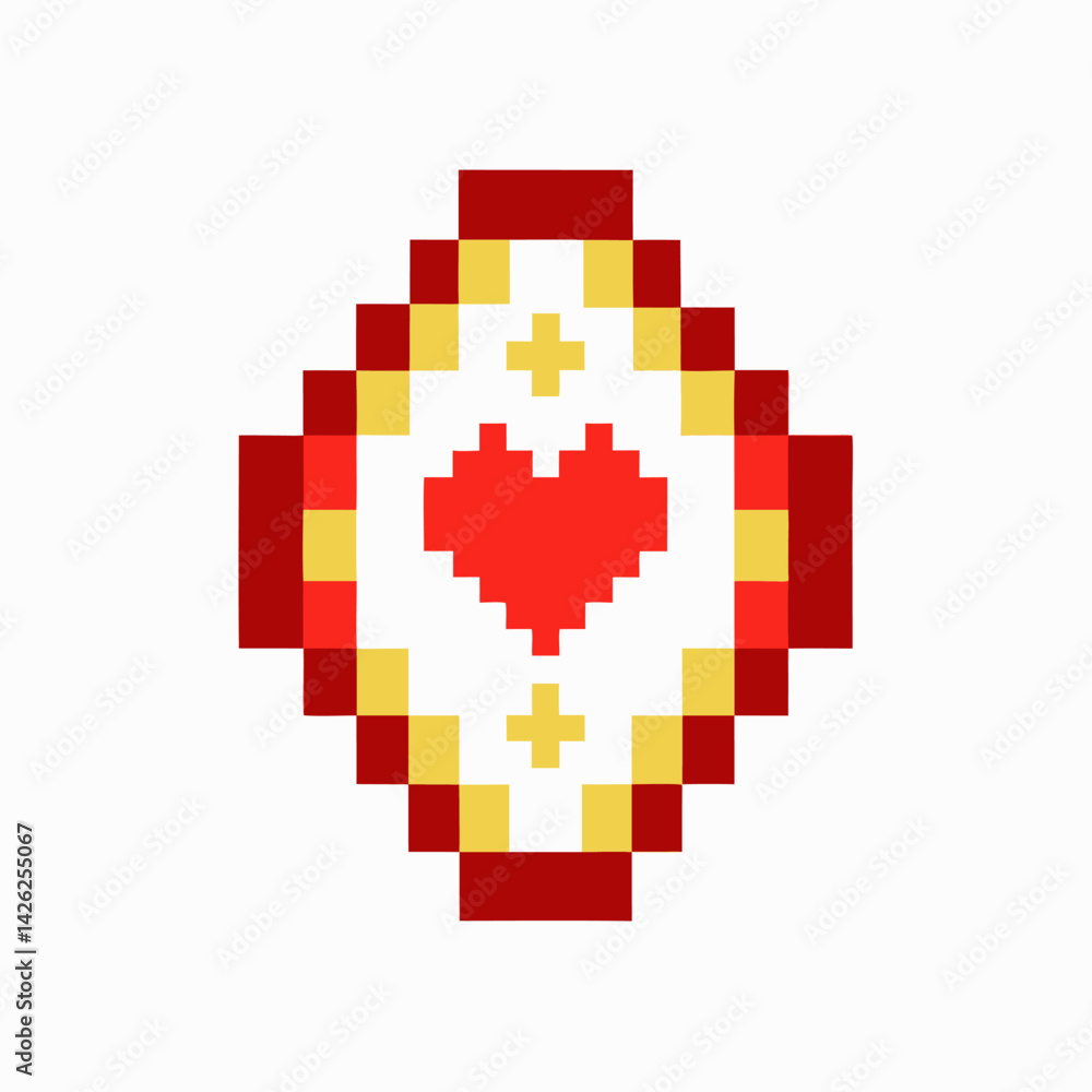 Poster pixelated heart with crosses and geometric patterns on white background