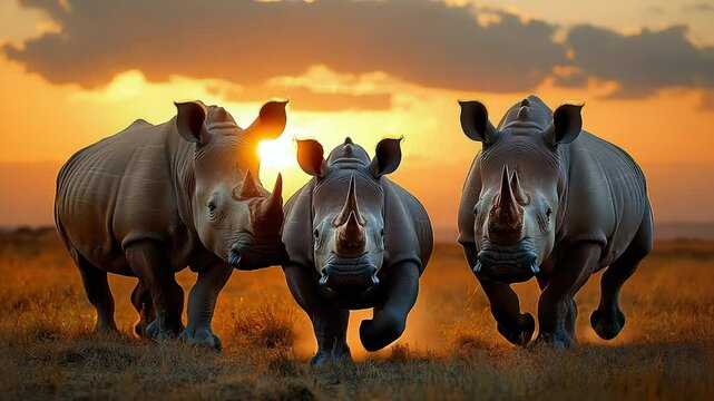 Rhinos at Sunset in African Savannah